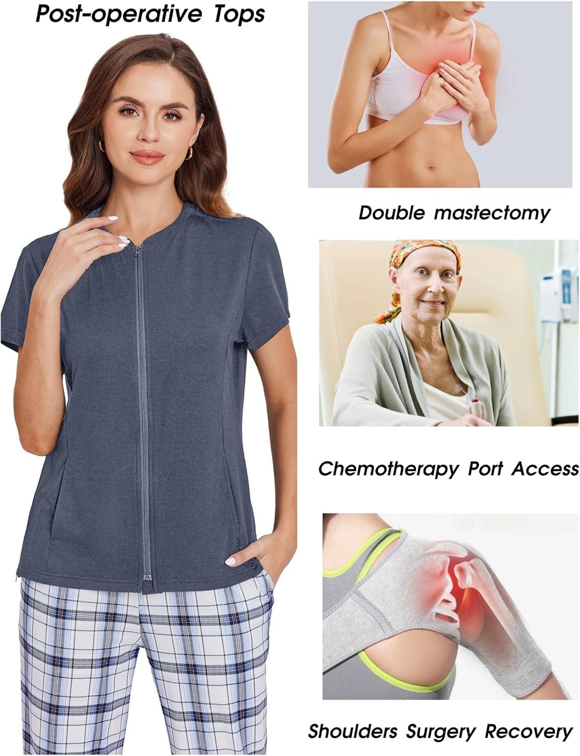 imageDeyeek Mastectomy Shirts with Drain Pockets Post Shoulder Surgery Tops for Women Chemo Port Short Sleeve with ZippersSubtle Winered