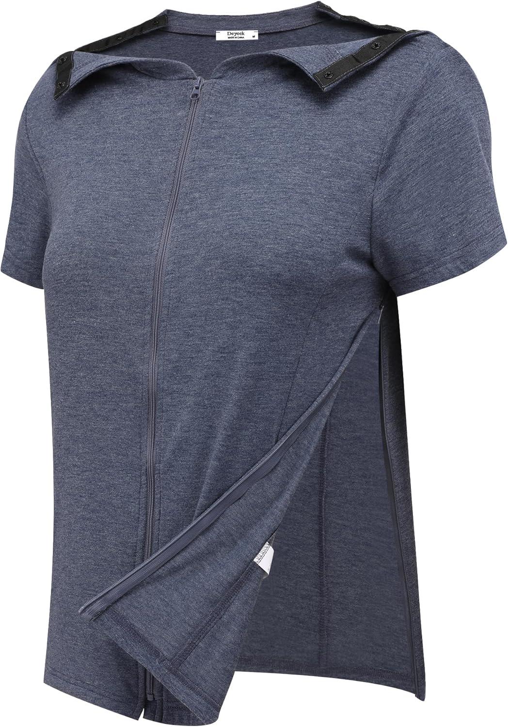 imageDeyeek Mastectomy Shirts with Drain Pockets Post Shoulder Surgery Tops for Women Chemo Port Short Sleeve with ZippersSubtle Winered