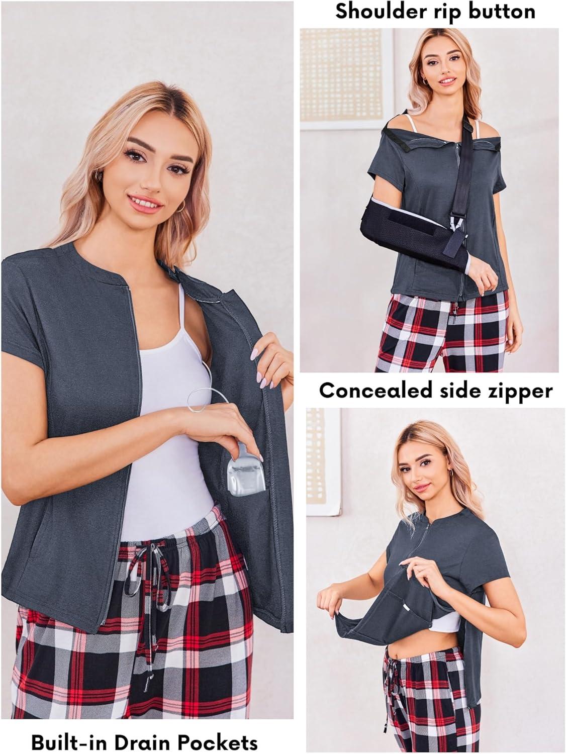 imageDeyeek Mastectomy Shirts with Drain Pockets Post Shoulder Surgery Tops for Women Chemo Port Short Sleeve with ZippersSubtle Winered