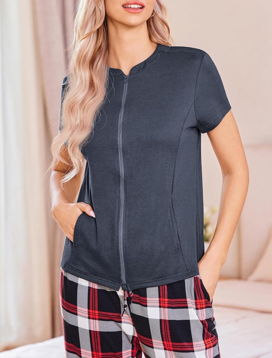 imageDeyeek Mastectomy Shirts with Drain Pockets Post Shoulder Surgery Tops for Women Chemo Port Short Sleeve with ZippersSubtle Winered
