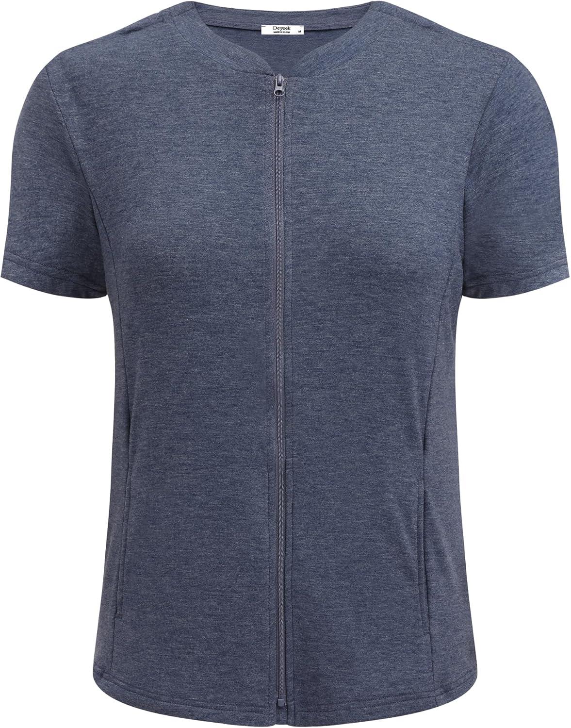 imageDeyeek Mastectomy Shirts with Drain Pockets Post Shoulder Surgery Tops for Women Chemo Port Short Sleeve with ZippersSubtle Winered