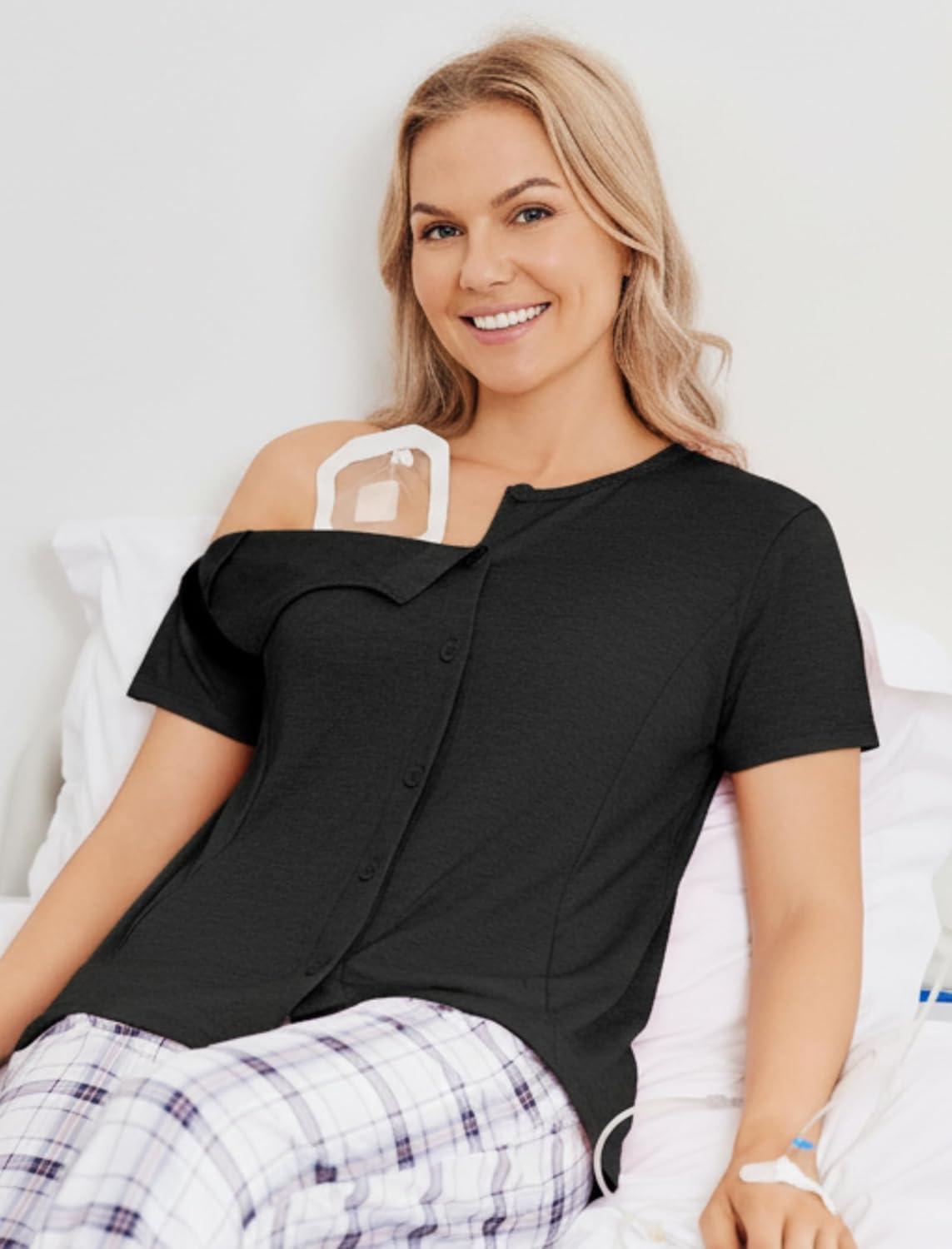 imageDeyeek Mastectomy Shirts with Drain Pockets Tear Away Side Shoulder Surgery Tops for Women Chemo Shirts for Port AccessBlack