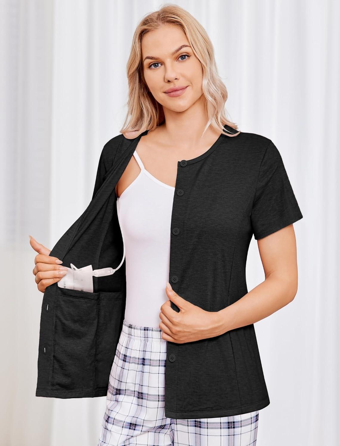 imageDeyeek Mastectomy Shirts with Drain Pockets Tear Away Side Shoulder Surgery Tops for Women Chemo Shirts for Port AccessBlack