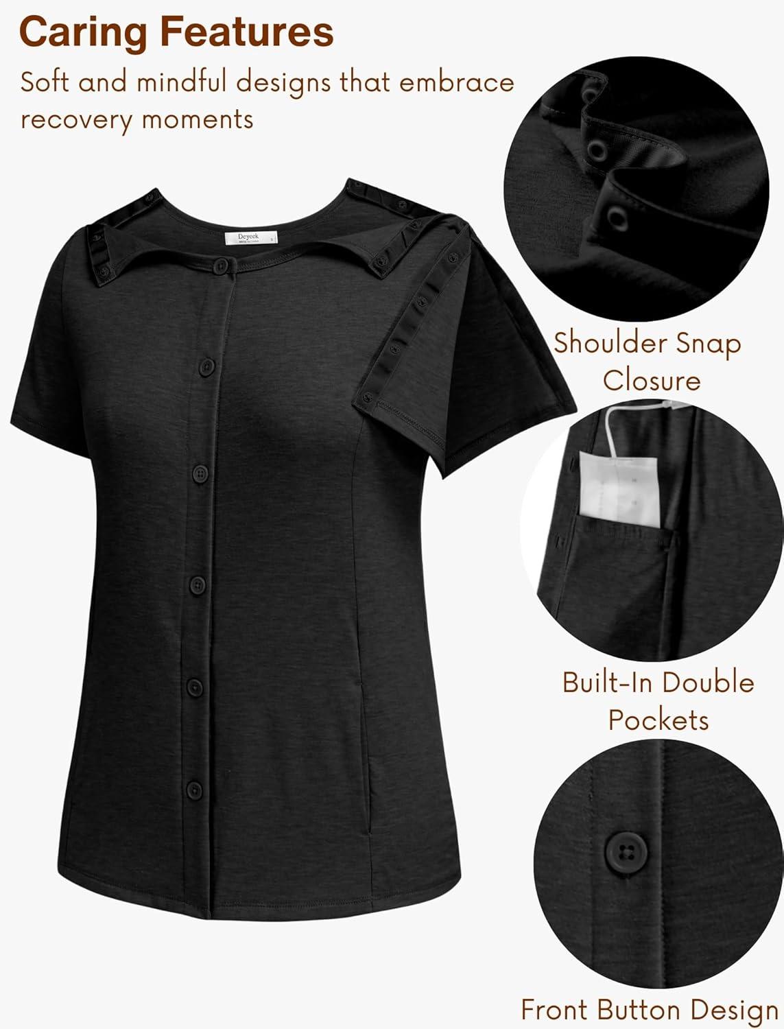 imageDeyeek Mastectomy Shirts with Drain Pockets Tear Away Side Shoulder Surgery Tops for Women Chemo Shirts for Port AccessBlack