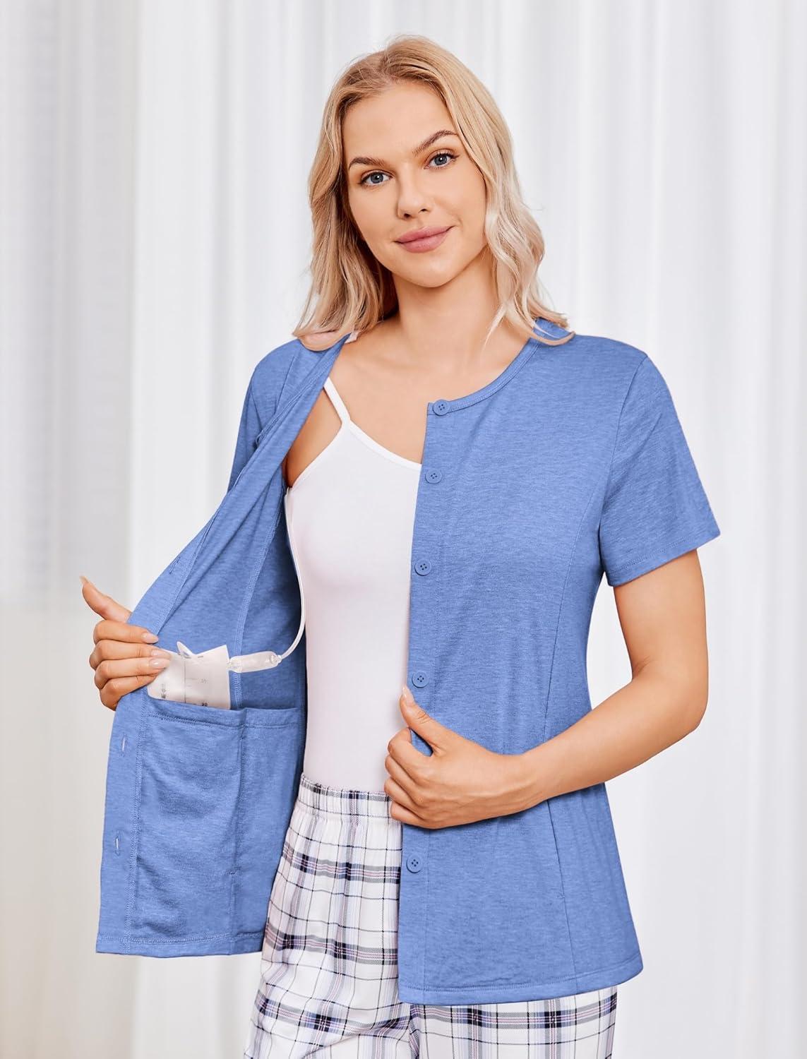 imageDeyeek Mastectomy Shirts with Drain Pockets Tear Away Side Shoulder Surgery Tops for Women Chemo Shirts for Port AccessBlue
