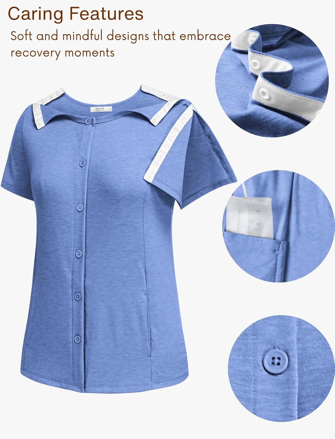 imageDeyeek Mastectomy Shirts with Drain Pockets Tear Away Side Shoulder Surgery Tops for Women Chemo Shirts for Port AccessBlue