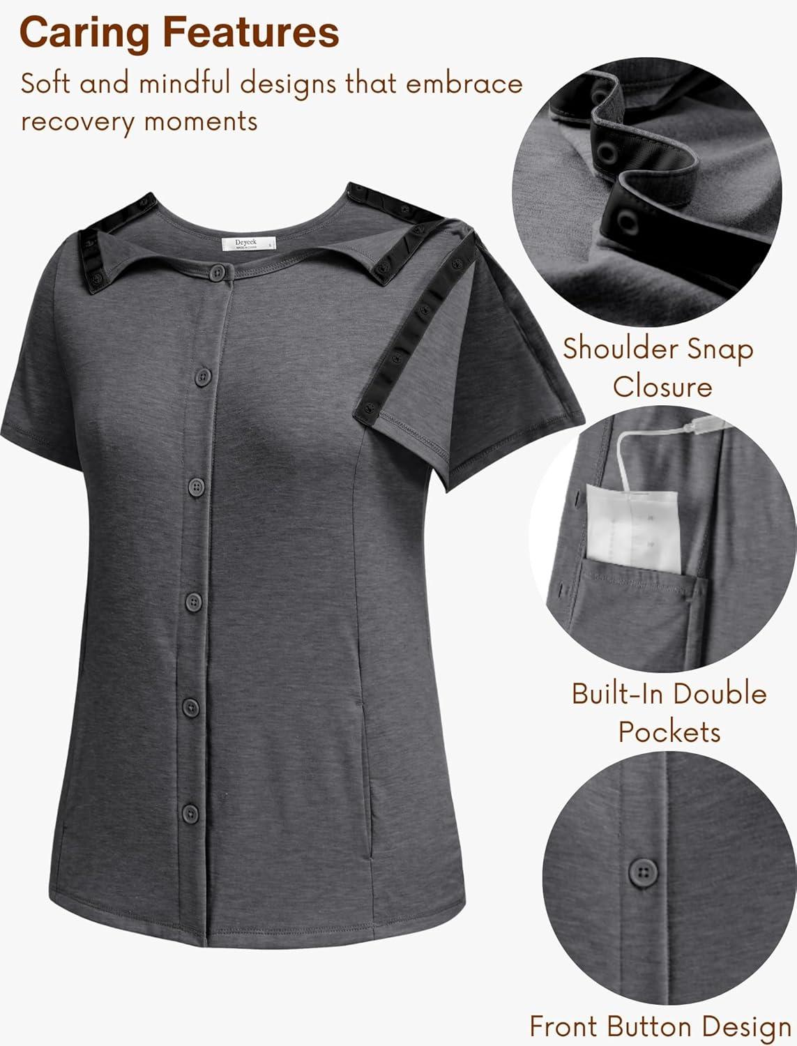 imageDeyeek Mastectomy Shirts with Drain Pockets Tear Away Side Shoulder Surgery Tops for Women Chemo Shirts for Port AccessDark Grey