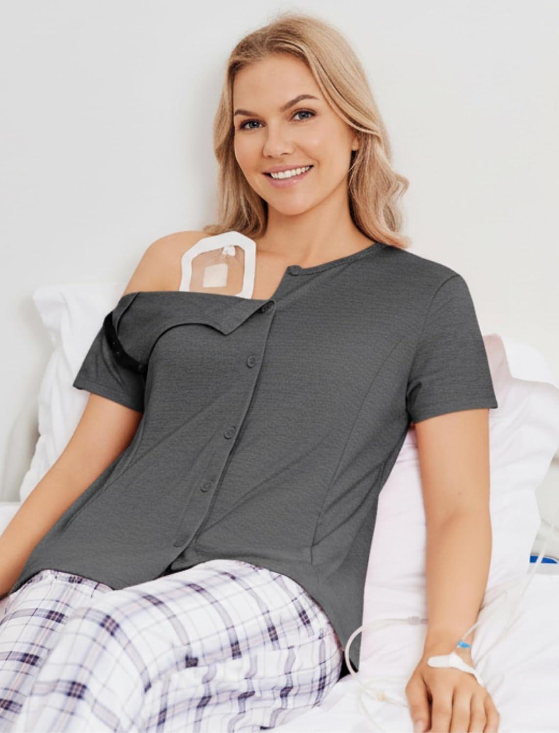 imageDeyeek Mastectomy Shirts with Drain Pockets Tear Away Side Shoulder Surgery Tops for Women Chemo Shirts for Port AccessDark Grey