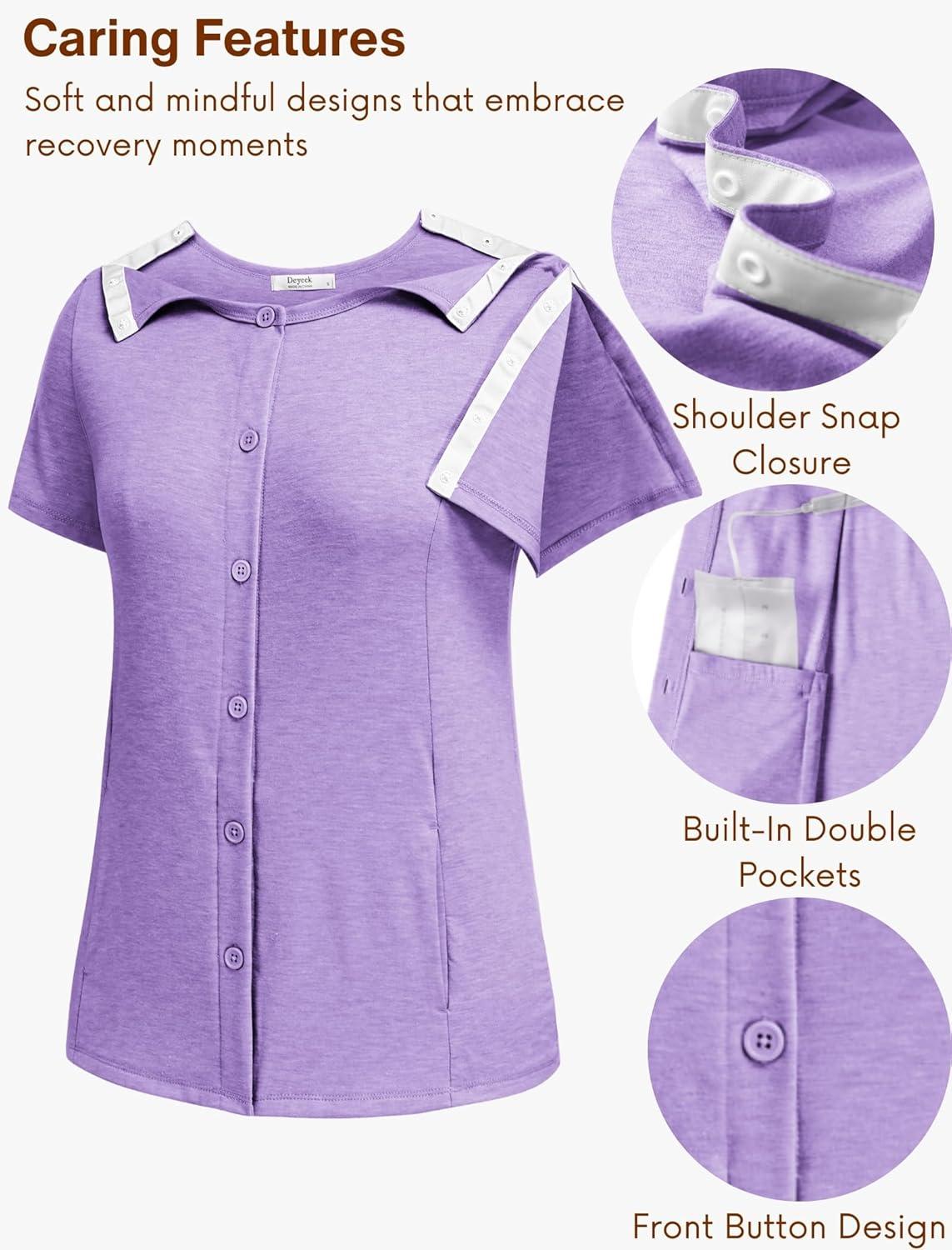 imageDeyeek Mastectomy Shirts with Drain Pockets Tear Away Side Shoulder Surgery Tops for Women Chemo Shirts for Port AccessLilac