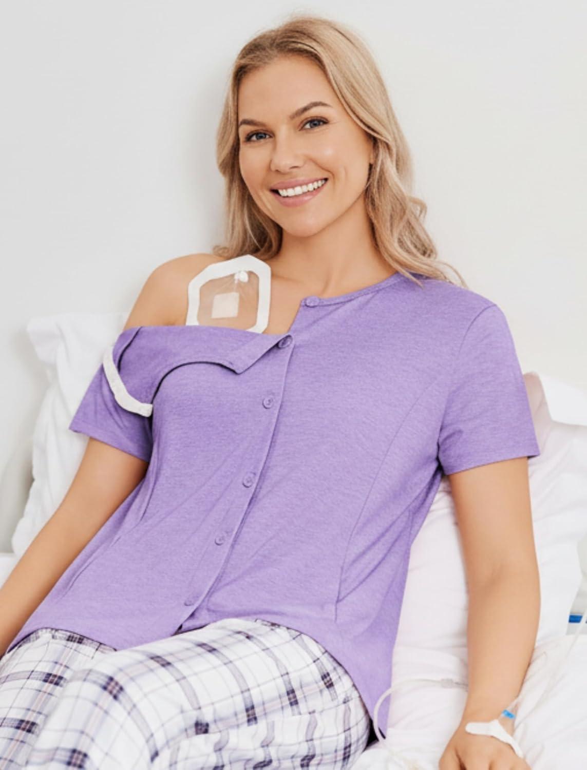 imageDeyeek Mastectomy Shirts with Drain Pockets Tear Away Side Shoulder Surgery Tops for Women Chemo Shirts for Port AccessLilac