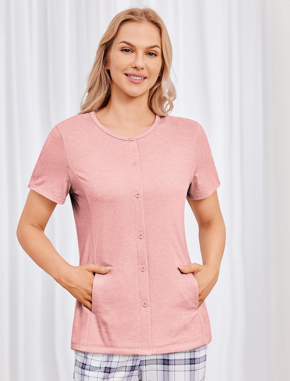 imageDeyeek Mastectomy Shirts with Drain Pockets Tear Away Side Shoulder Surgery Tops for Women Chemo Shirts for Port AccessPink