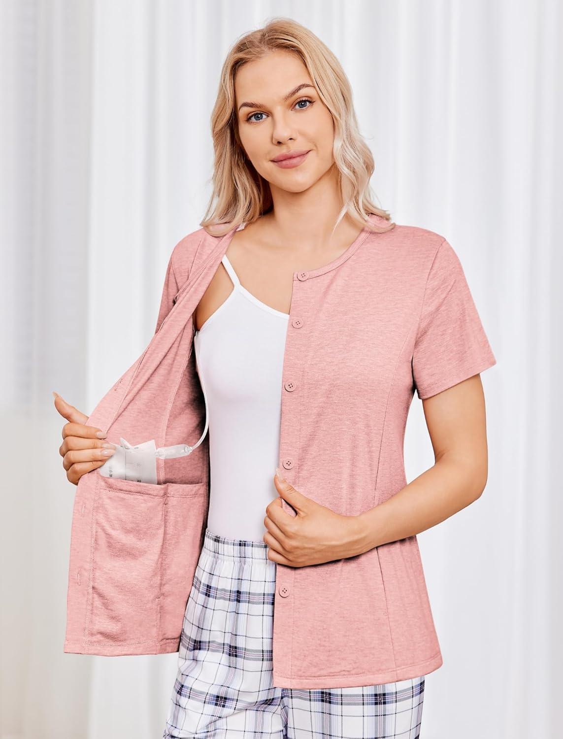 imageDeyeek Mastectomy Shirts with Drain Pockets Tear Away Side Shoulder Surgery Tops for Women Chemo Shirts for Port AccessPink