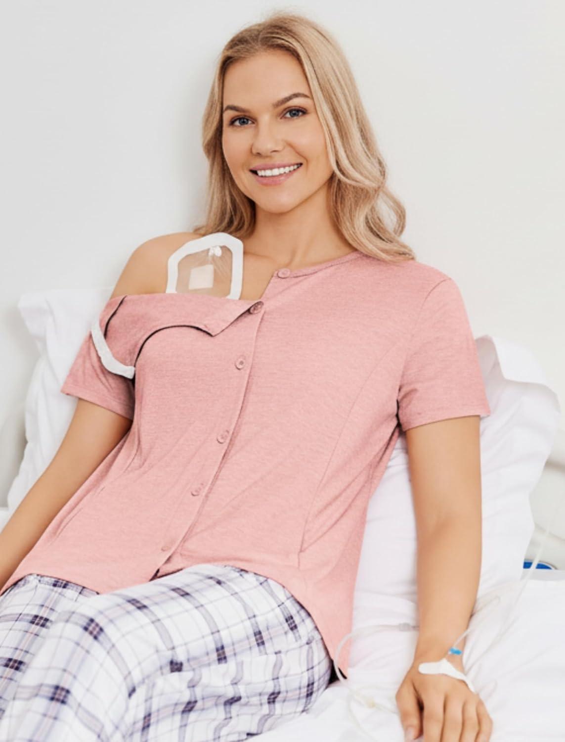 imageDeyeek Mastectomy Shirts with Drain Pockets Tear Away Side Shoulder Surgery Tops for Women Chemo Shirts for Port AccessPink