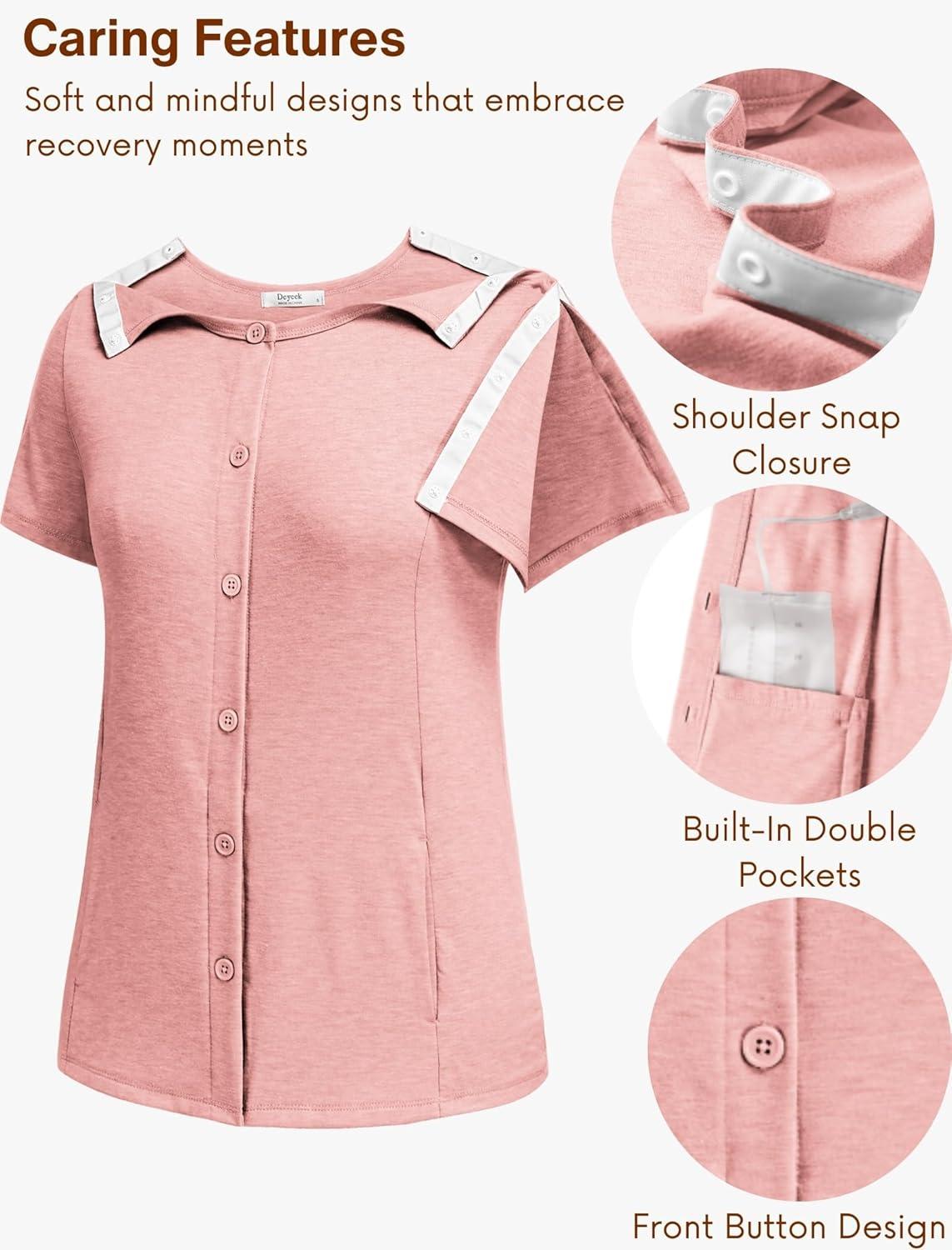 imageDeyeek Mastectomy Shirts with Drain Pockets Tear Away Side Shoulder Surgery Tops for Women Chemo Shirts for Port AccessPink
