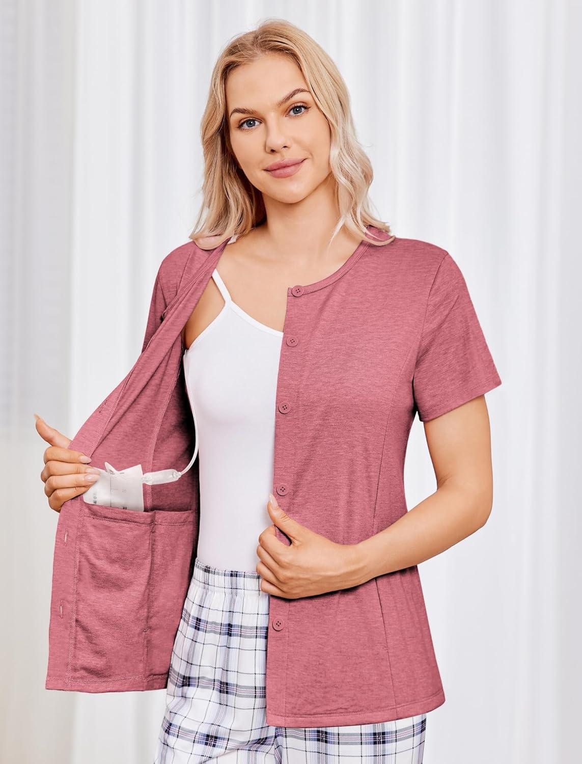 imageDeyeek Mastectomy Shirts with Drain Pockets Tear Away Side Shoulder Surgery Tops for Women Chemo Shirts for Port AccessRed