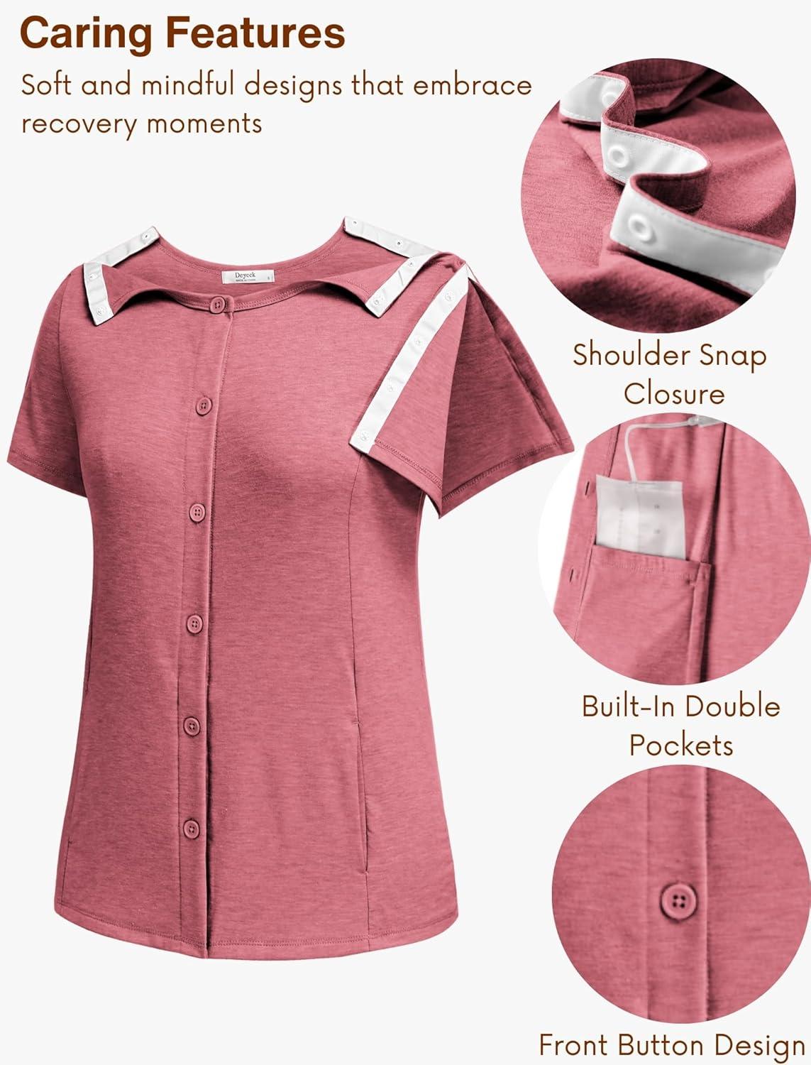 imageDeyeek Mastectomy Shirts with Drain Pockets Tear Away Side Shoulder Surgery Tops for Women Chemo Shirts for Port AccessRed