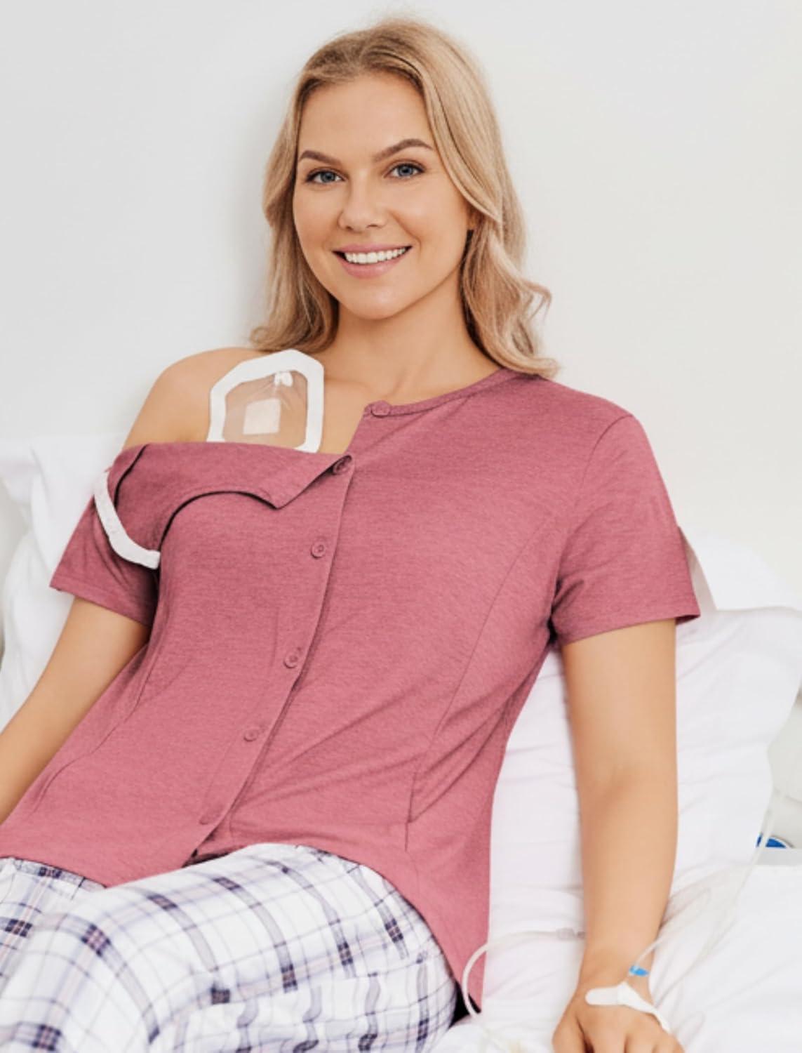 imageDeyeek Mastectomy Shirts with Drain Pockets Tear Away Side Shoulder Surgery Tops for Women Chemo Shirts for Port AccessRed