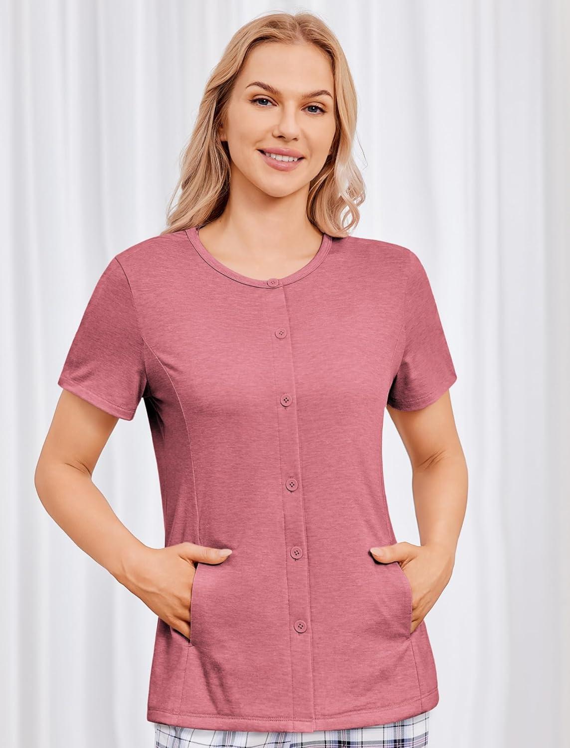 imageDeyeek Mastectomy Shirts with Drain Pockets Tear Away Side Shoulder Surgery Tops for Women Chemo Shirts for Port AccessRed