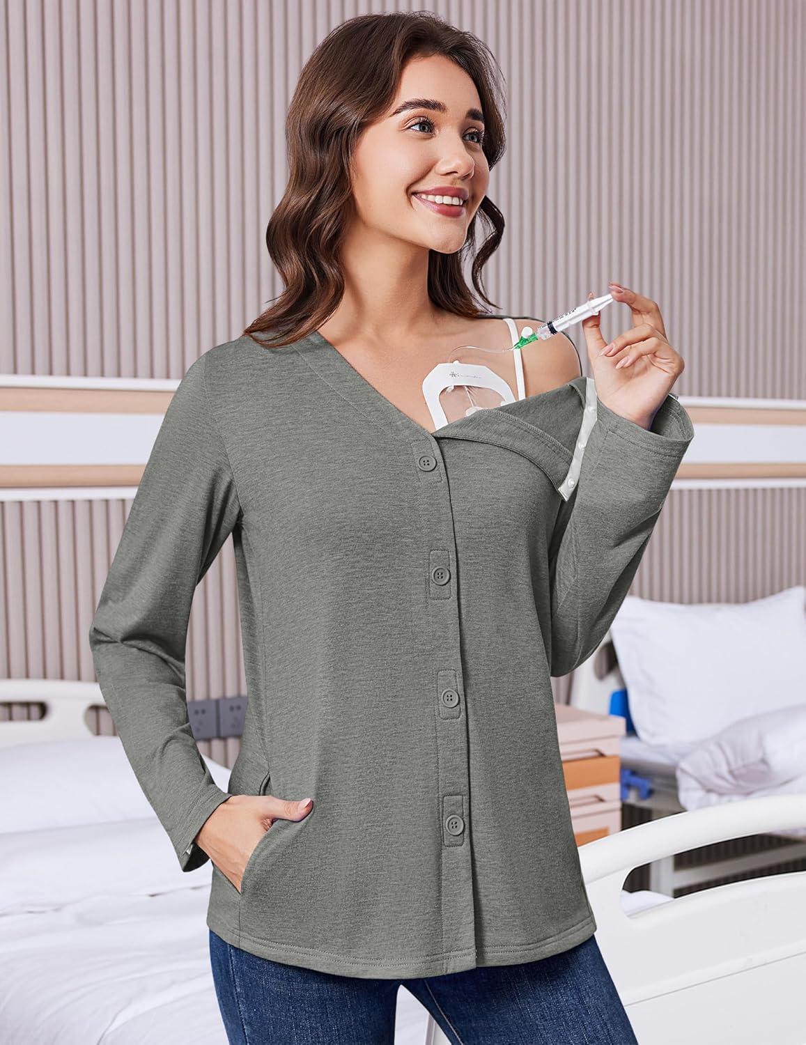 imageDeyeek Mastectomy Shirts with Drain Pockets Tear Away Side Snap Post Shoulder Surgery Shirts Women Chemo Port Dialysis ShirtLight Gray