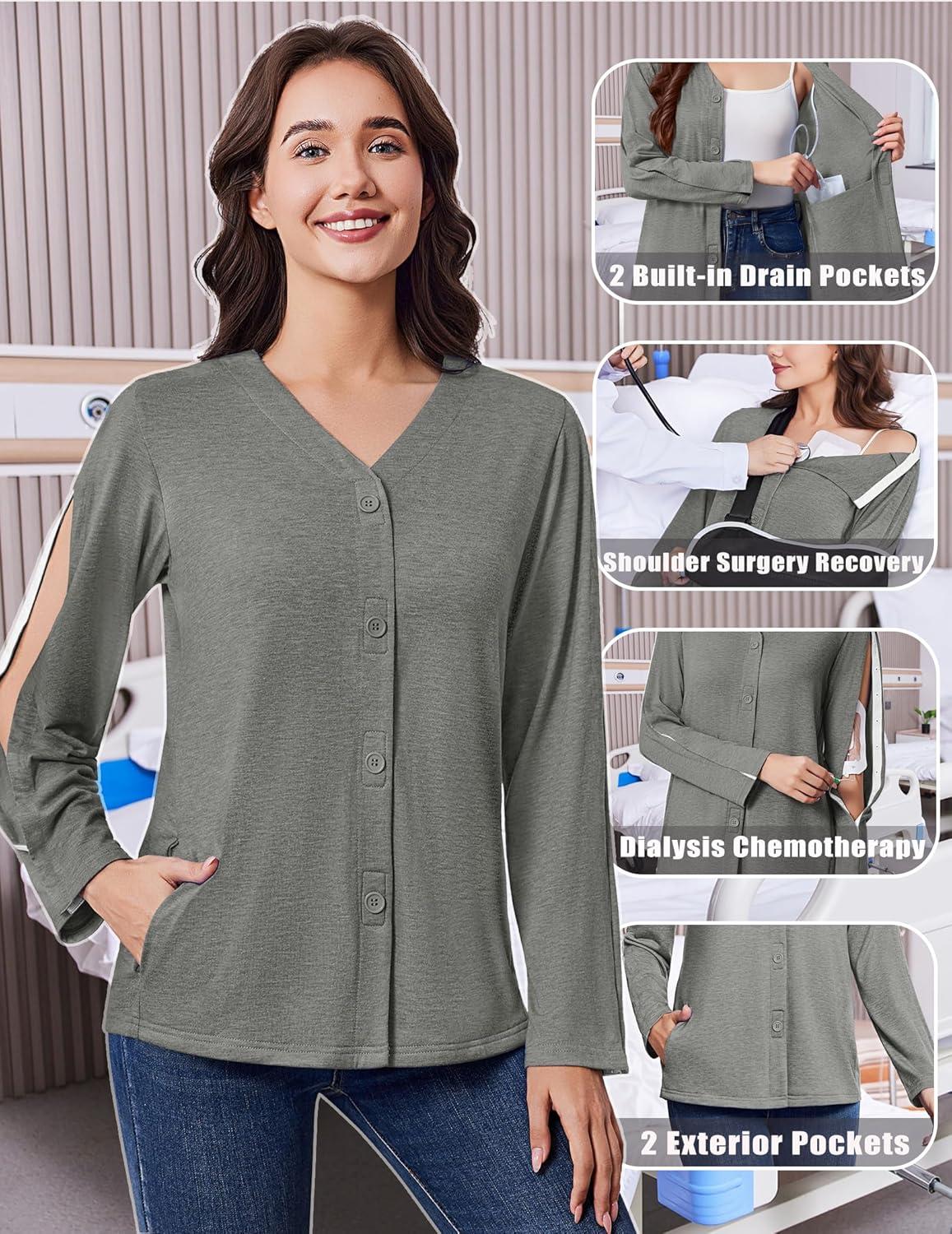 imageDeyeek Mastectomy Shirts with Drain Pockets Tear Away Side Snap Post Shoulder Surgery Shirts Women Chemo Port Dialysis ShirtLight Gray