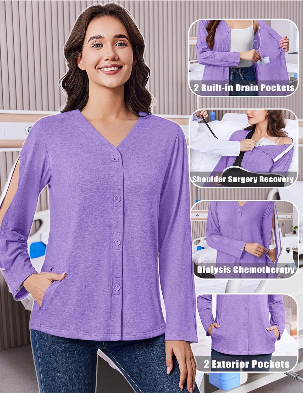 imageDeyeek Mastectomy Shirts with Drain Pockets Tear Away Side Snap Post Shoulder Surgery Shirts Women Chemo Port Dialysis ShirtPurple