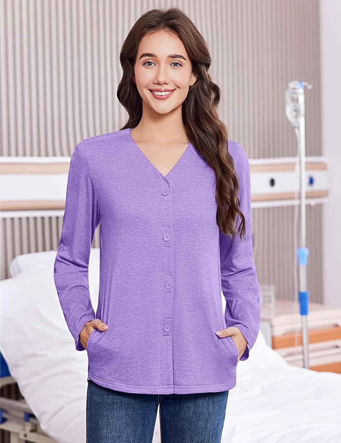 imageDeyeek Mastectomy Shirts with Drain Pockets Tear Away Side Snap Post Shoulder Surgery Shirts Women Chemo Port Dialysis ShirtPurple