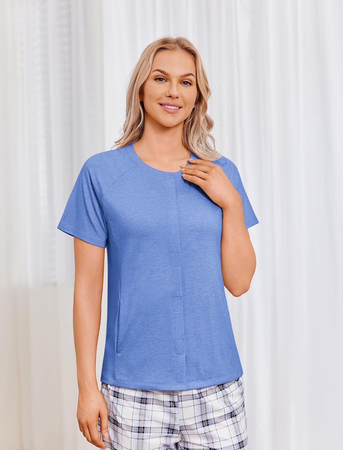 imageDeyeek Mastectomy Shirts with Drain Pockets for Women Short Sleeve Shirt Chemotherapy Must HavesBlue
