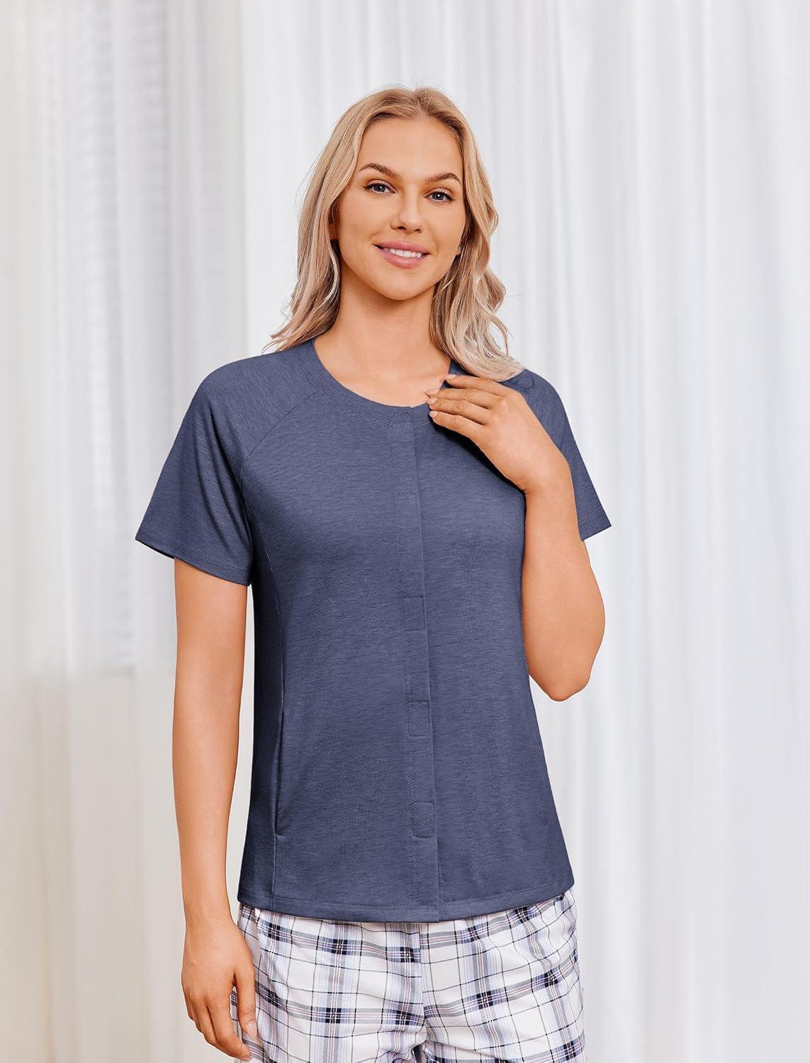 imageDeyeek Mastectomy Shirts with Drain Pockets for Women Short Sleeve Shirt Chemotherapy Must HavesBlue Purple