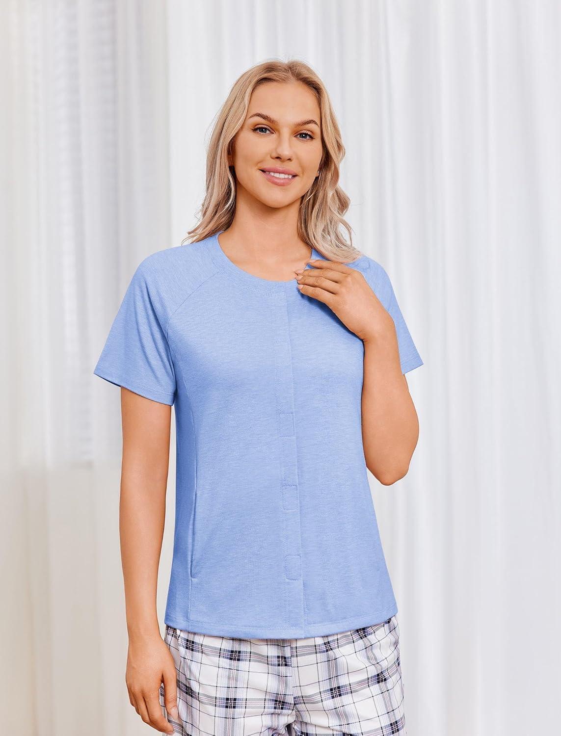 imageDeyeek Mastectomy Shirts with Drain Pockets for Women Short Sleeve Shirt Chemotherapy Must HavesLight Blue