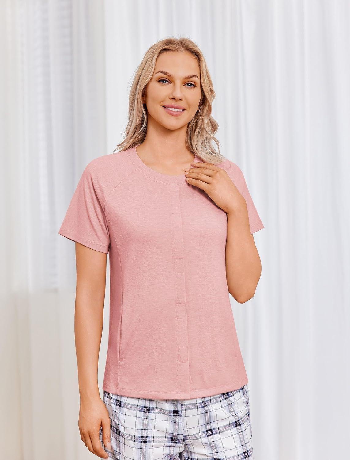 imageDeyeek Mastectomy Shirts with Drain Pockets for Women Short Sleeve Shirt Chemotherapy Must HavesLotus Root Pink