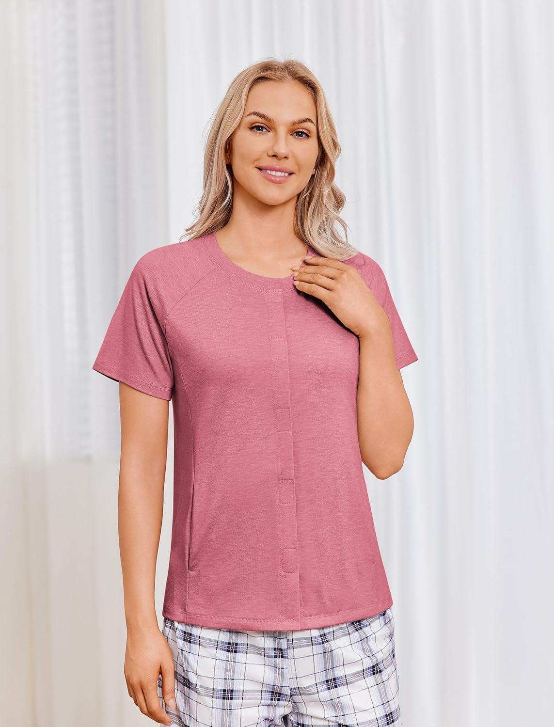 imageDeyeek Mastectomy Shirts with Drain Pockets for Women Short Sleeve Shirt Chemotherapy Must HavesPurple Red