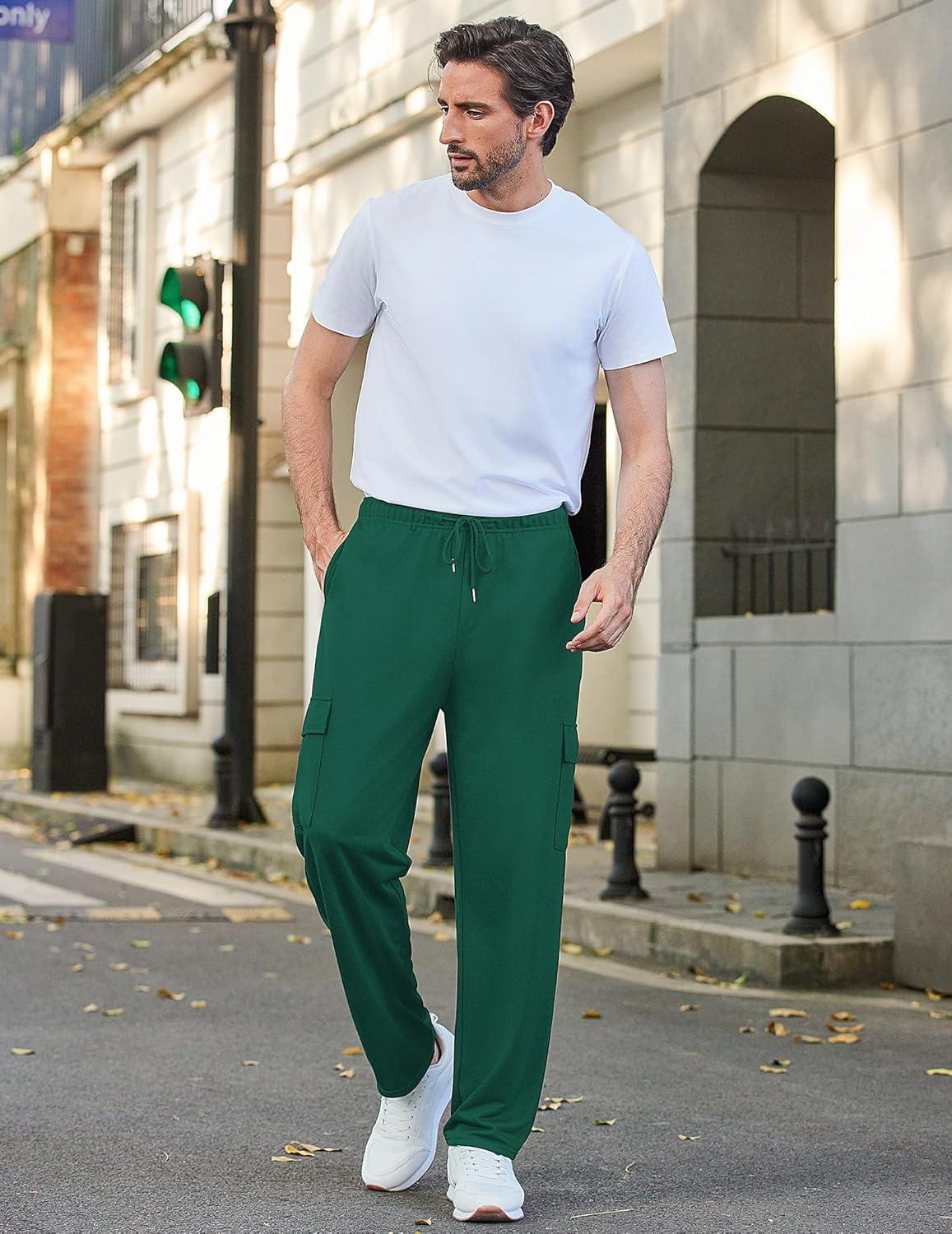 imageDeyeek Mens Cargo Sweatpants Open Bottom Baggy Sweat Pants for Mens Straight Leg Gym Cargo Sweats Lounge Pants with PocketsDark Green