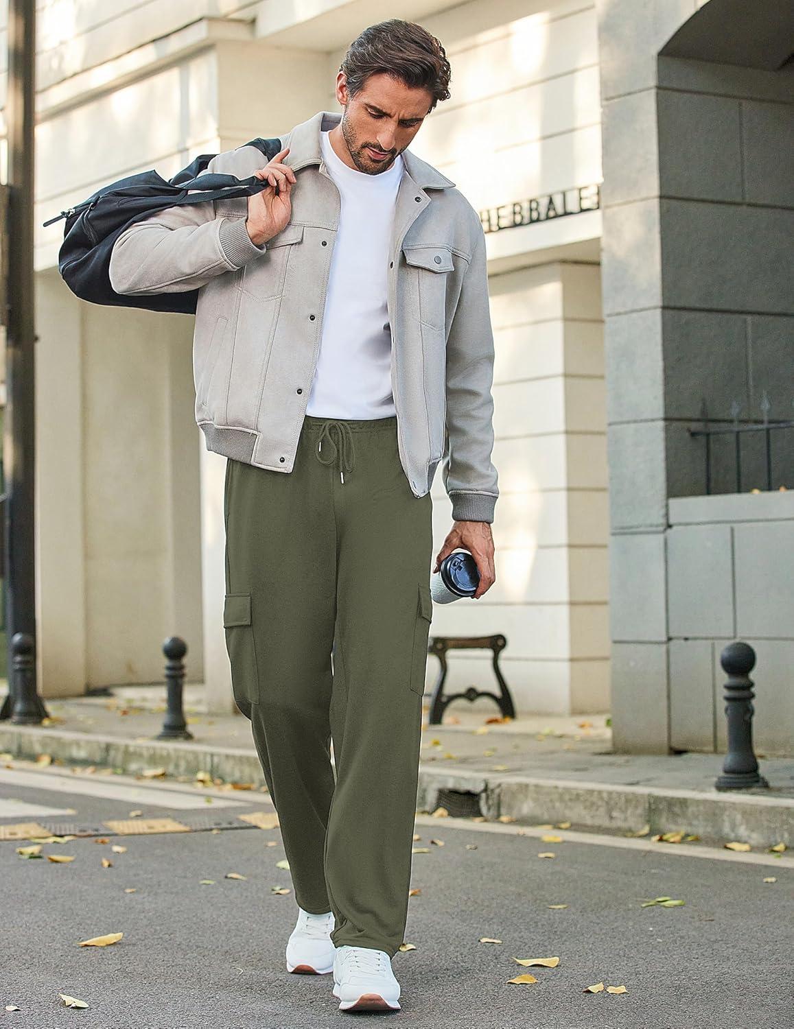 imageDeyeek Mens Cargo Sweatpants Open Bottom Baggy Sweat Pants for Mens Straight Leg Gym Cargo Sweats Lounge Pants with PocketsOlive Green