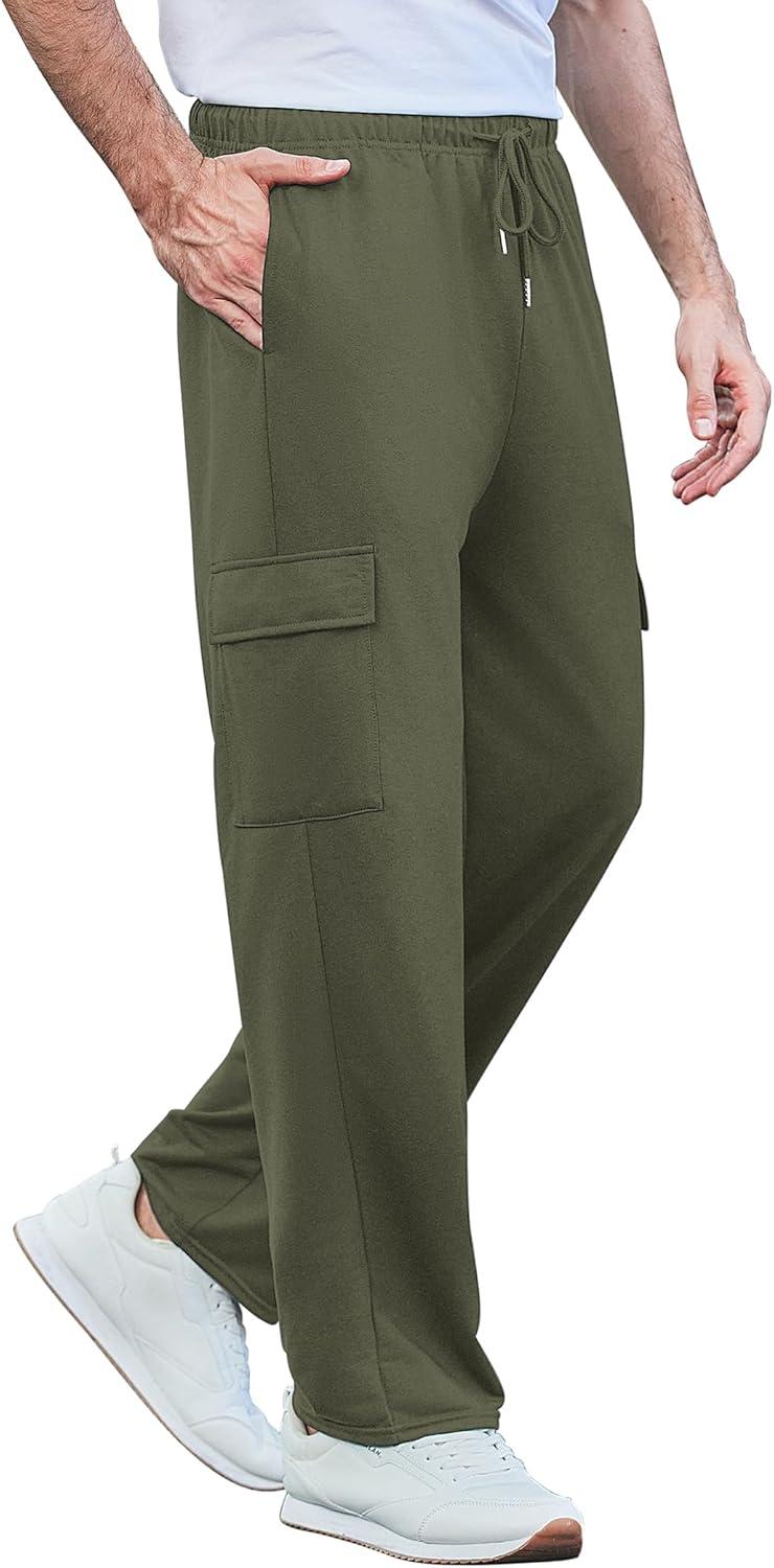 imageDeyeek Mens Cargo Sweatpants Open Bottom Baggy Sweat Pants for Mens Straight Leg Gym Cargo Sweats Lounge Pants with PocketsOlive Green