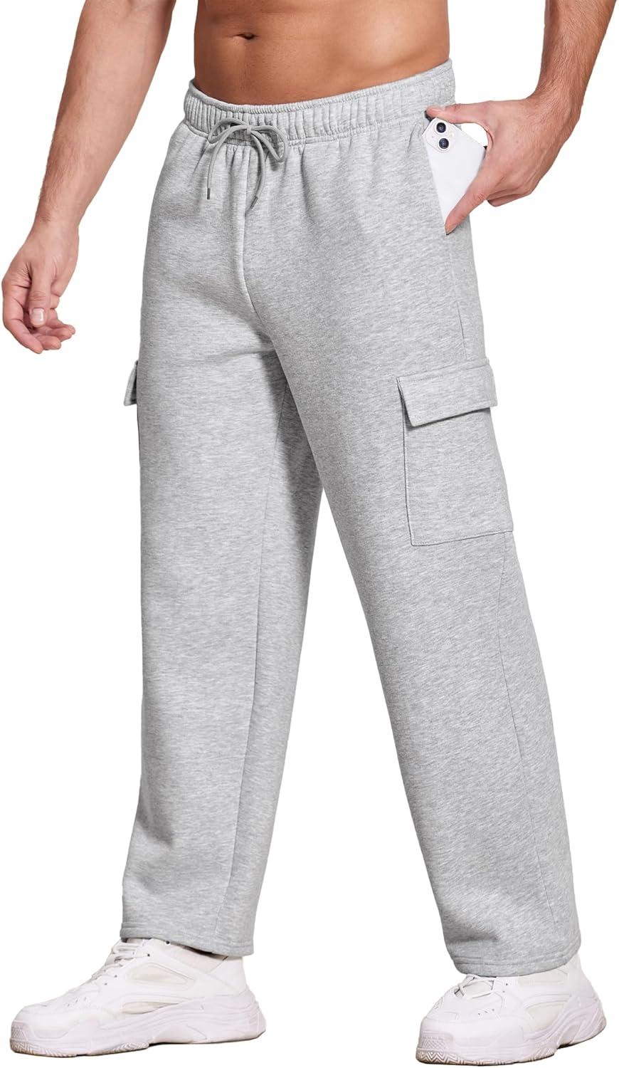 imageDeyeek Mens Fleece Cargo Sweatpants Open Bottom Sweat Pants for Men Loose Fit Joggers Sweatpants Lounge Pants with PocketsGrey