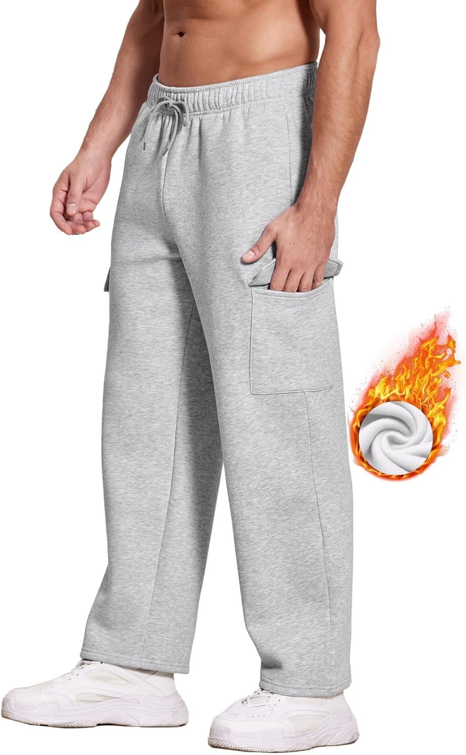 imageDeyeek Mens Fleece Cargo Sweatpants Open Bottom Sweat Pants for Men Loose Fit Joggers Sweatpants Lounge Pants with PocketsGrey