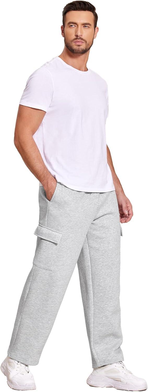 imageDeyeek Mens Fleece Cargo Sweatpants Open Bottom Sweat Pants for Men Loose Fit Joggers Sweatpants Lounge Pants with PocketsGrey