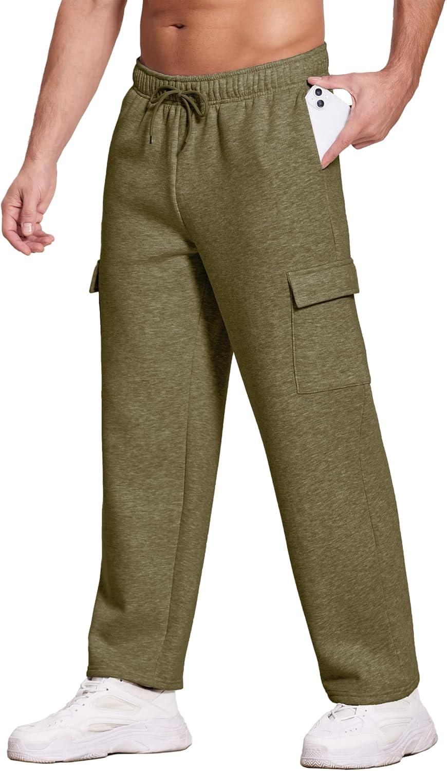 imageDeyeek Mens Fleece Cargo Sweatpants Open Bottom Sweat Pants for Men Loose Fit Joggers Sweatpants Lounge Pants with PocketsOlive Green
