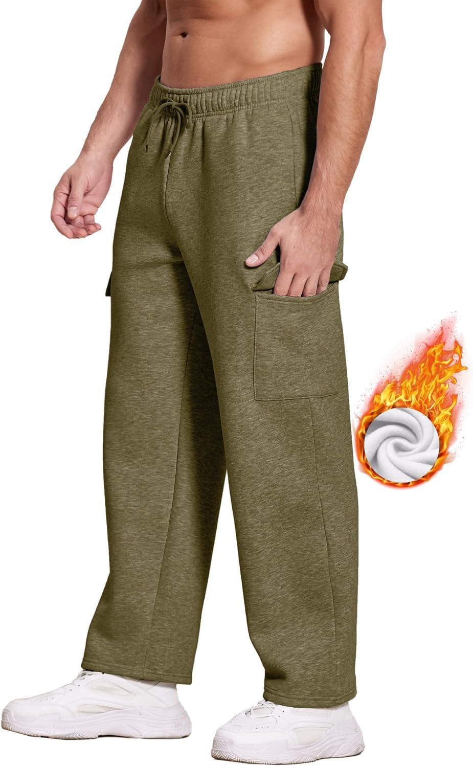 imageDeyeek Mens Fleece Cargo Sweatpants Open Bottom Sweat Pants for Men Loose Fit Joggers Sweatpants Lounge Pants with PocketsOlive Green