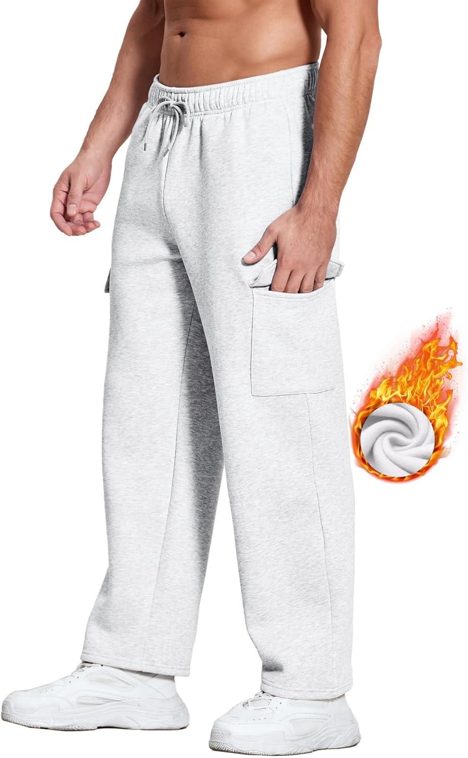 imageDeyeek Mens Fleece Cargo Sweatpants Open Bottom Sweat Pants for Men Loose Fit Joggers Sweatpants Lounge Pants with PocketsWhite