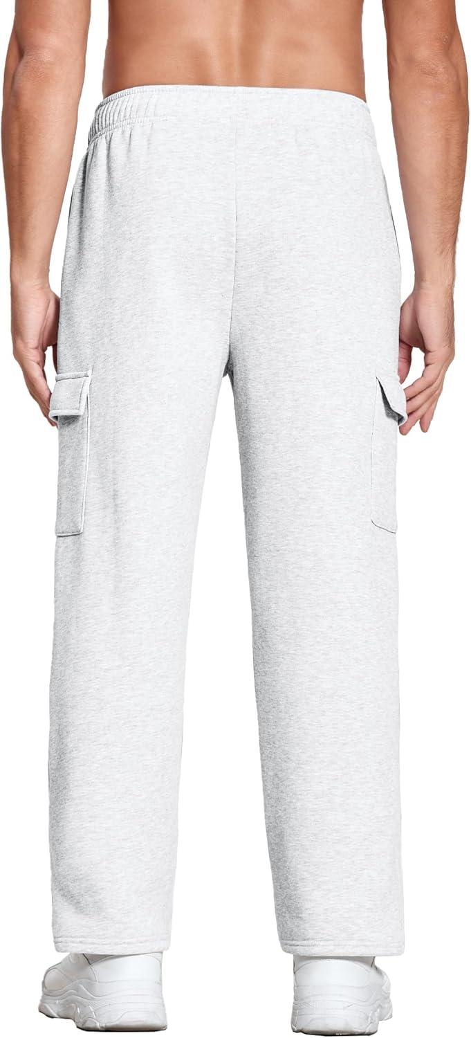 imageDeyeek Mens Fleece Cargo Sweatpants Open Bottom Sweat Pants for Men Loose Fit Joggers Sweatpants Lounge Pants with PocketsWhite