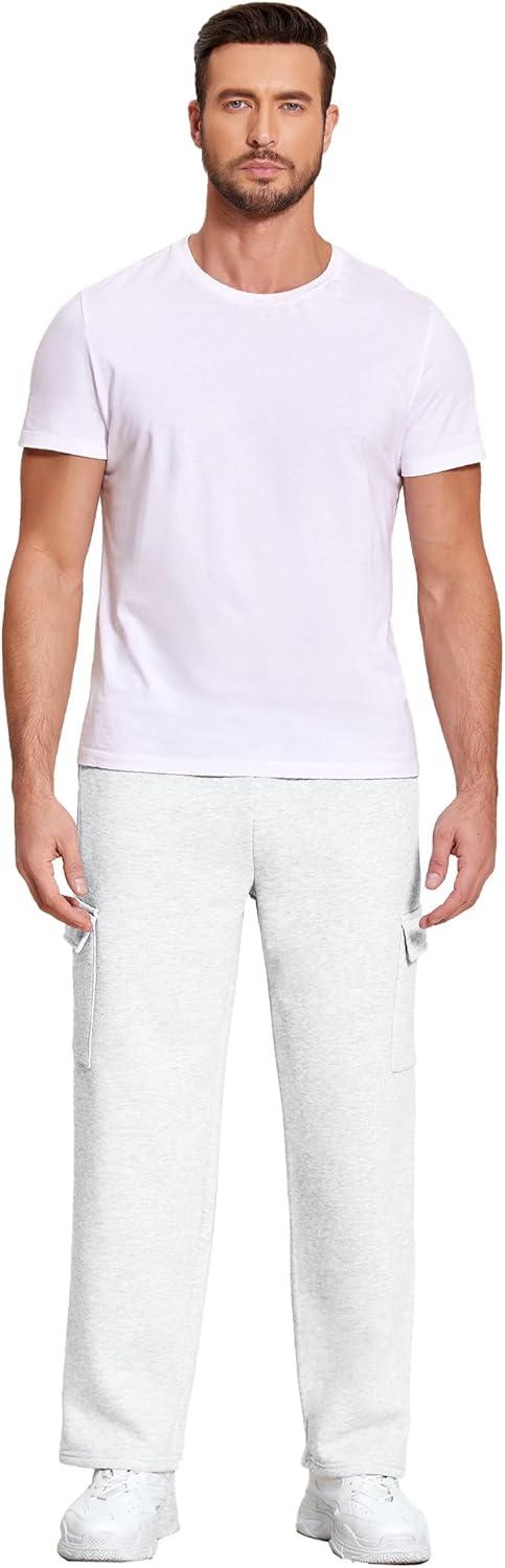 imageDeyeek Mens Fleece Cargo Sweatpants Open Bottom Sweat Pants for Men Loose Fit Joggers Sweatpants Lounge Pants with PocketsWhite