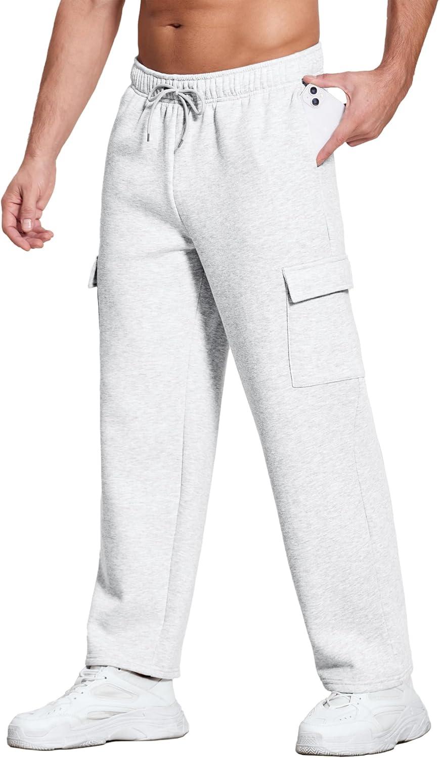 imageDeyeek Mens Fleece Cargo Sweatpants Open Bottom Sweat Pants for Men Loose Fit Joggers Sweatpants Lounge Pants with PocketsWhite