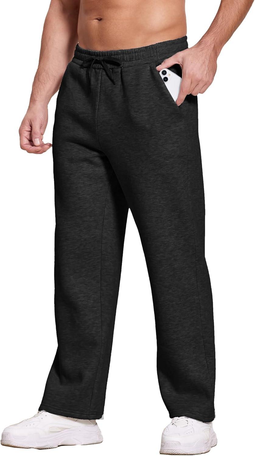 imageDeyeek Mens Fleece Lined Sweatpants Open Bottom Straight Leg Sweat Pants for Mens Loose Fit Joggers Sweatpants with PocketsBlack