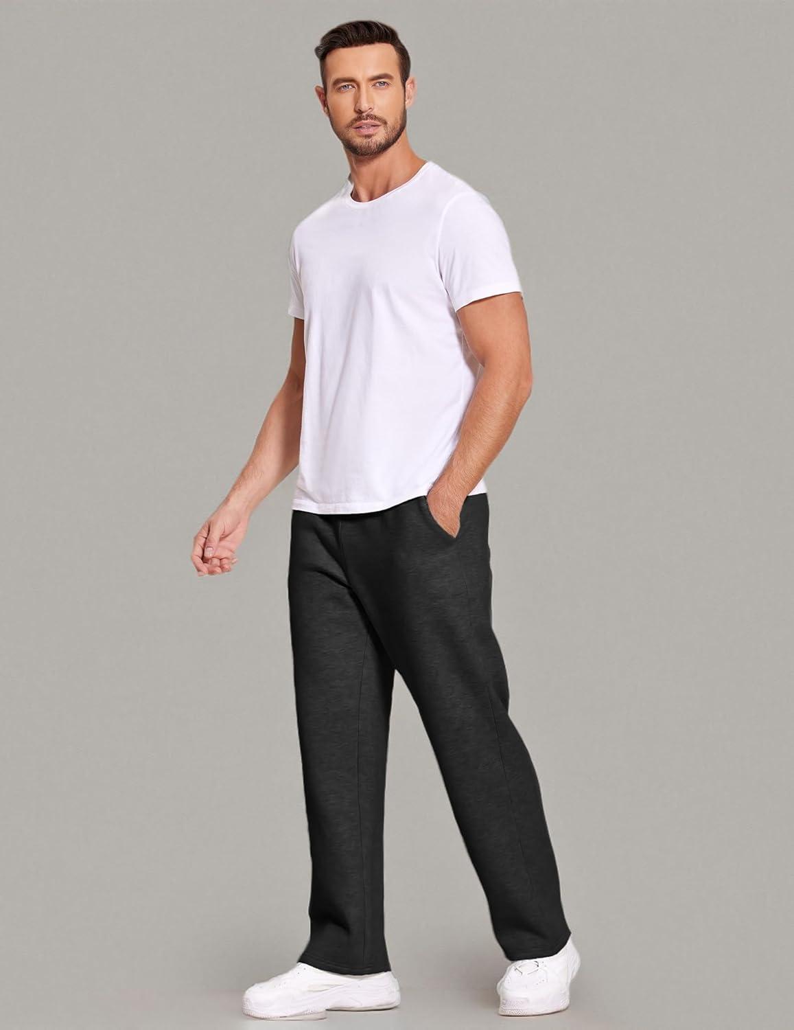 imageDeyeek Mens Fleece Lined Sweatpants Open Bottom Straight Leg Sweat Pants for Mens Loose Fit Joggers Sweatpants with PocketsBlack