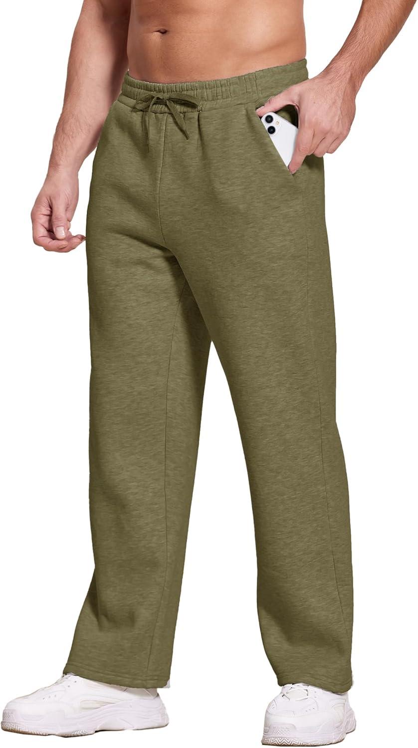 imageDeyeek Mens Fleece Lined Sweatpants Open Bottom Straight Leg Sweat Pants for Mens Loose Fit Joggers Sweatpants with PocketsGreen