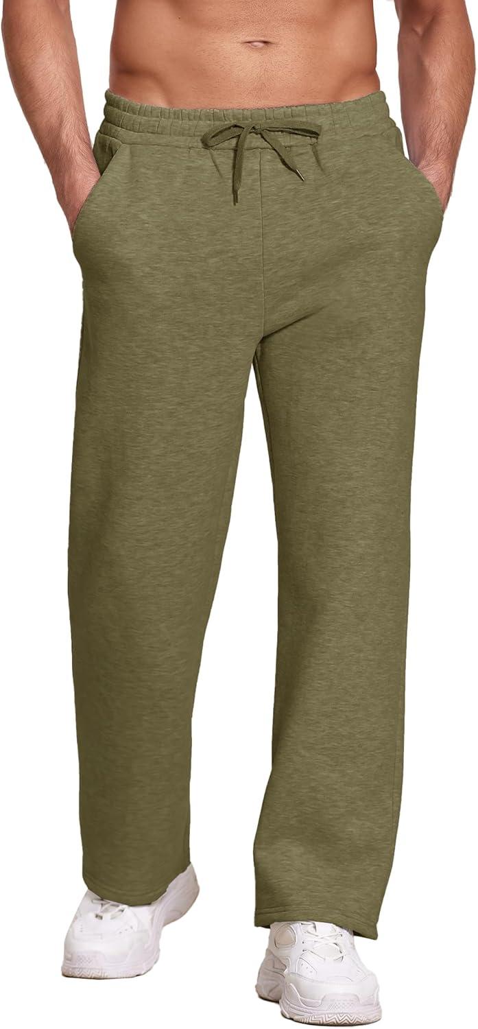 imageDeyeek Mens Fleece Lined Sweatpants Open Bottom Straight Leg Sweat Pants for Mens Loose Fit Joggers Sweatpants with PocketsGreen