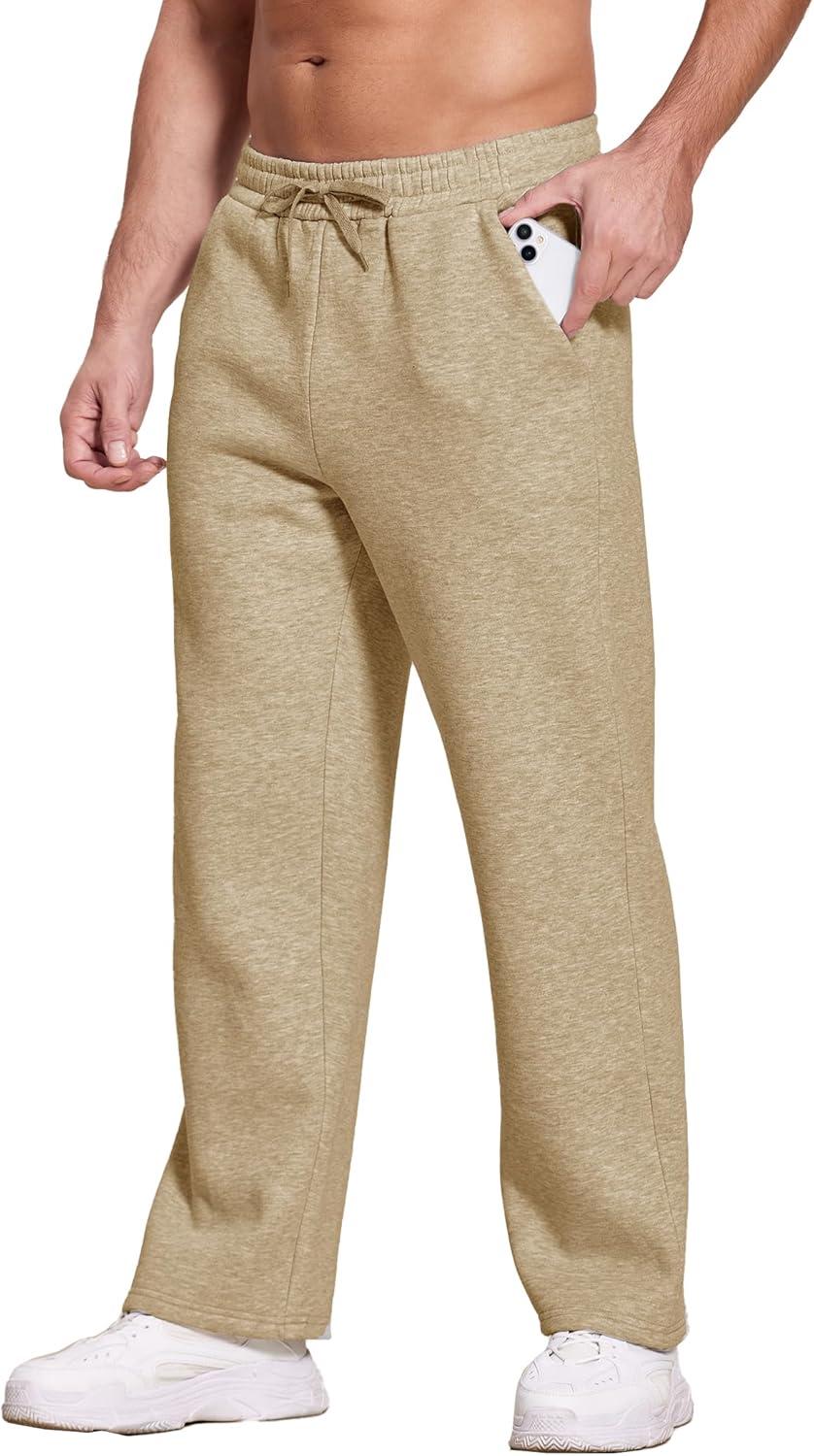 imageDeyeek Mens Fleece Lined Sweatpants Open Bottom Straight Leg Sweat Pants for Mens Loose Fit Joggers Sweatpants with PocketsKhaki