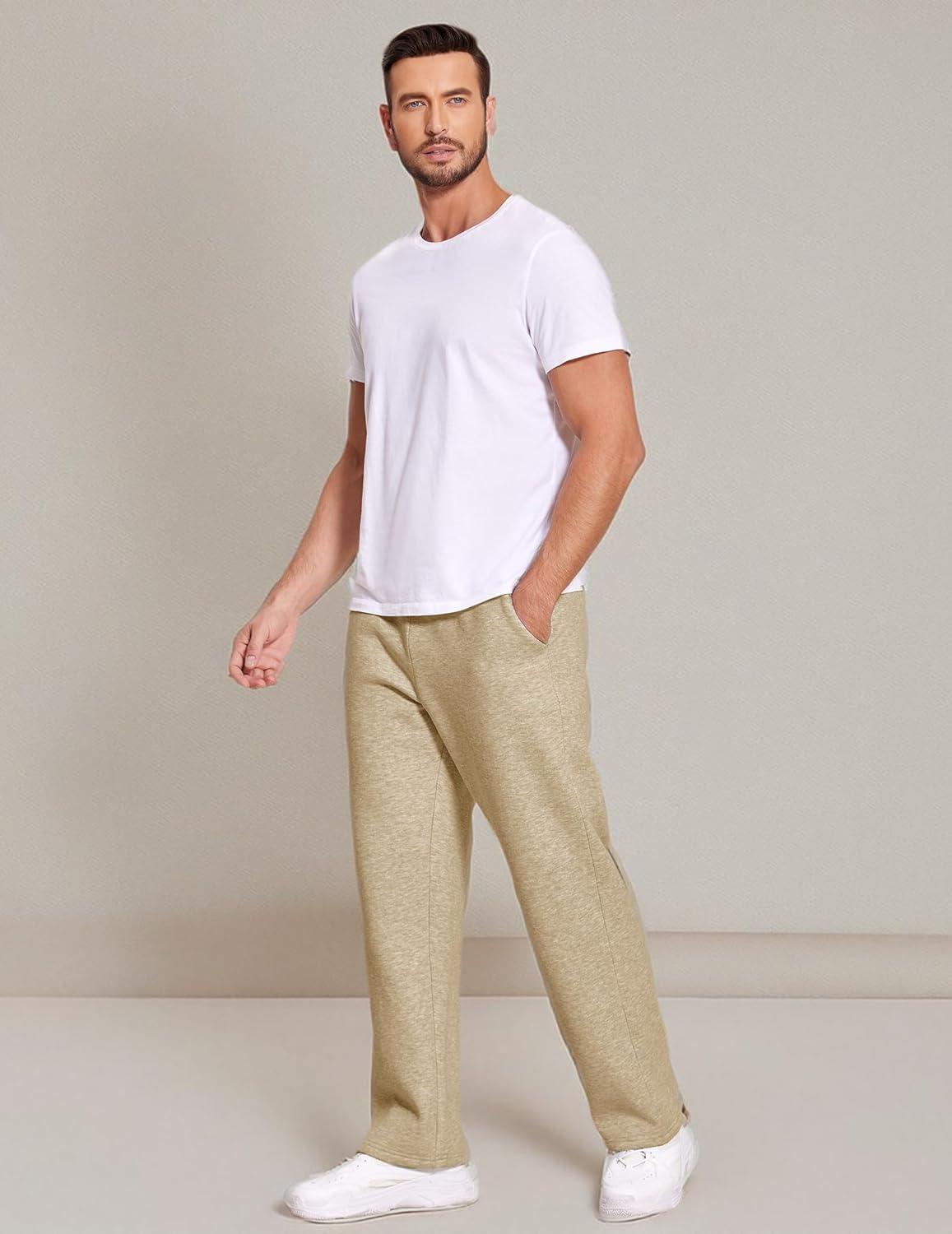 imageDeyeek Mens Fleece Lined Sweatpants Open Bottom Straight Leg Sweat Pants for Mens Loose Fit Joggers Sweatpants with PocketsKhaki