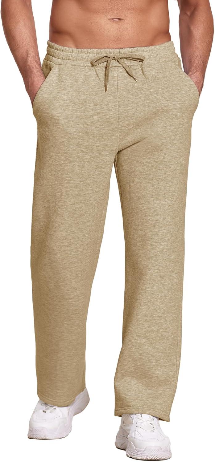 imageDeyeek Mens Fleece Lined Sweatpants Open Bottom Straight Leg Sweat Pants for Mens Loose Fit Joggers Sweatpants with PocketsKhaki
